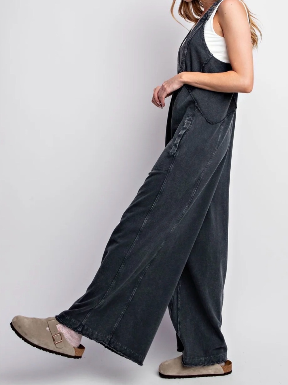 EASEL L charcoal washed terry knit sleeveless jumpsuit, oversized and wide leg